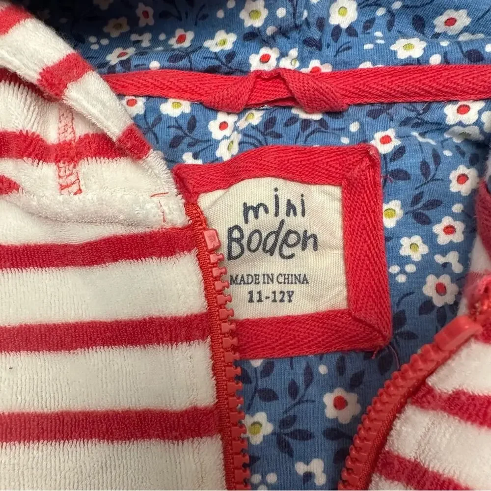 Mini Boden Red and White Striped Zip-Up toweling terry Hoodie
